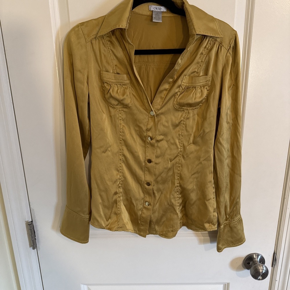 VTG CACHE Gold Silk Retro Y2K Long Sleeve Shirt Sz Small